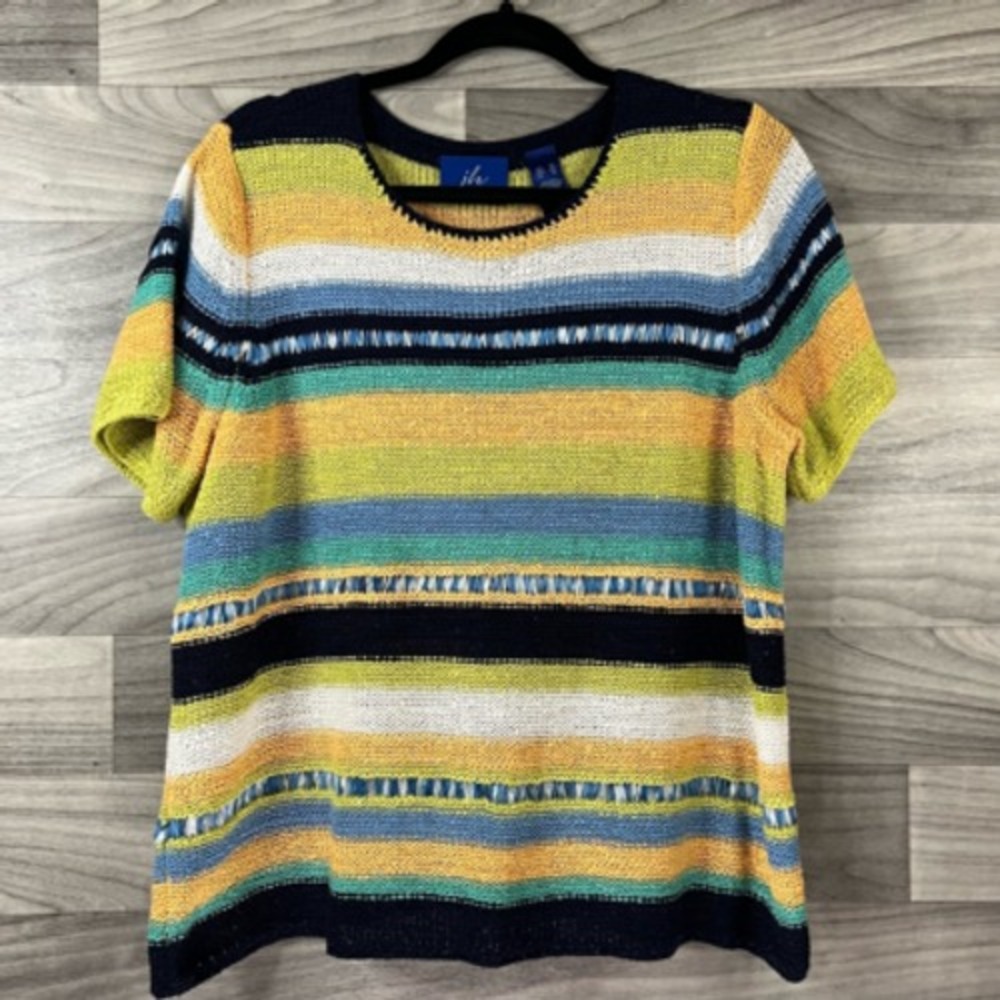 JH Collectibles Womens Casual Top Multicolor Stripe Short Sleeve Knit XL Boho